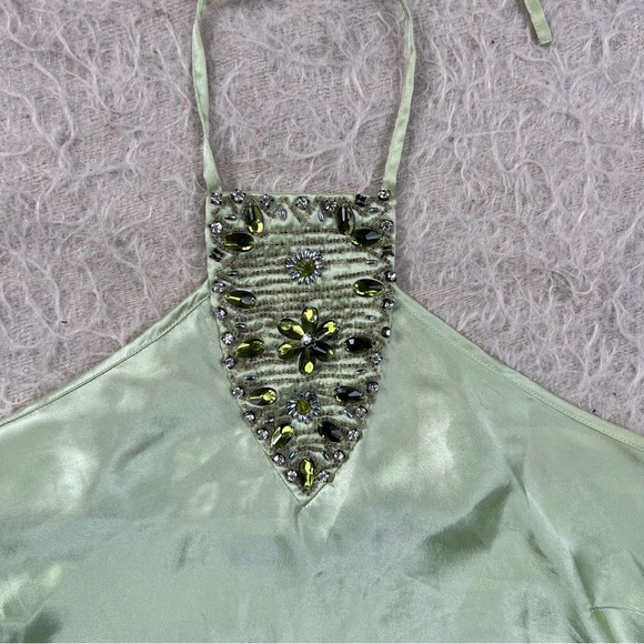 Y2K Lime Satin Jeweled Halter Top – Seduction Size L - Picture 2 of 4